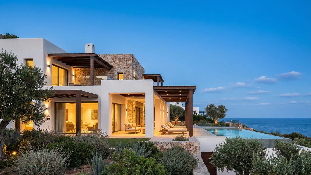 Moderne hybridvilla på Costa del Sol, der kombinerer middelhavsstil med nutidig design. Lush landskaber, store vinduer og havudsigt.