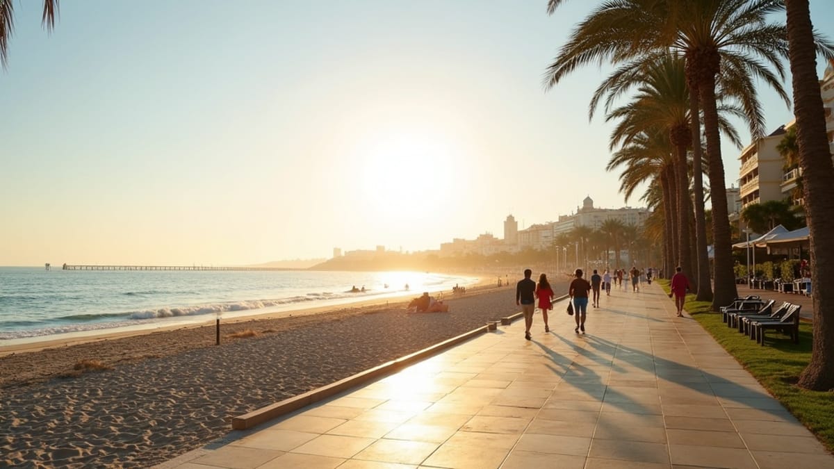 Coastal lifestyle in Costa del Sol: People stroll on a sun-drenched beach promenade with palm trees, feeling the soltimer per dag Costa del Sol.