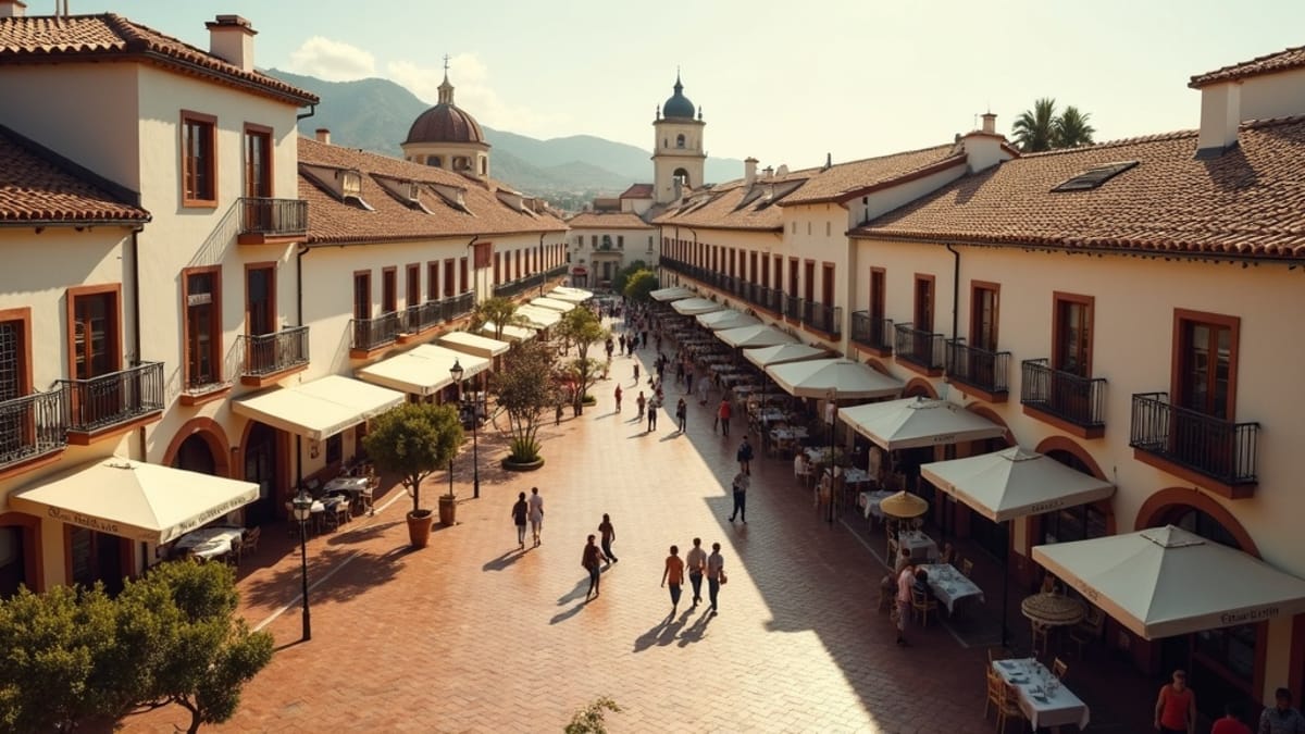 Aerial of Costa del Sol town center: charming plaza, architecture, outdoor dining. Inspiring a hållbar livsstil miljömedvetenhet Costa del Sol.