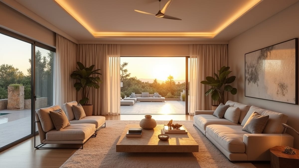 Ekoturism hållbara fastigheter Costa del Sol naturens balans: Lyxigt vardagsrum med solnedgång, modern inredning och spansk design.