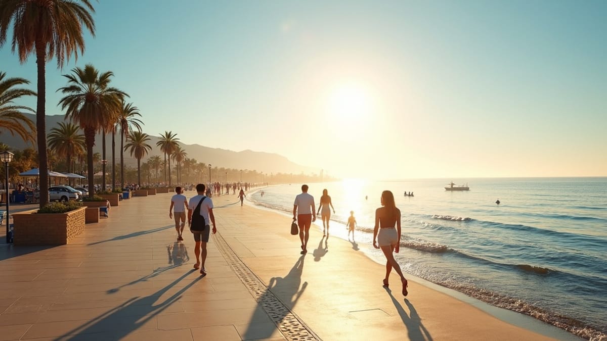 Coastal lifestyle: beach promenade, palm trees & people enjoying the climat méditerranéen Costa del Sol, 320 jours de soleil par an.