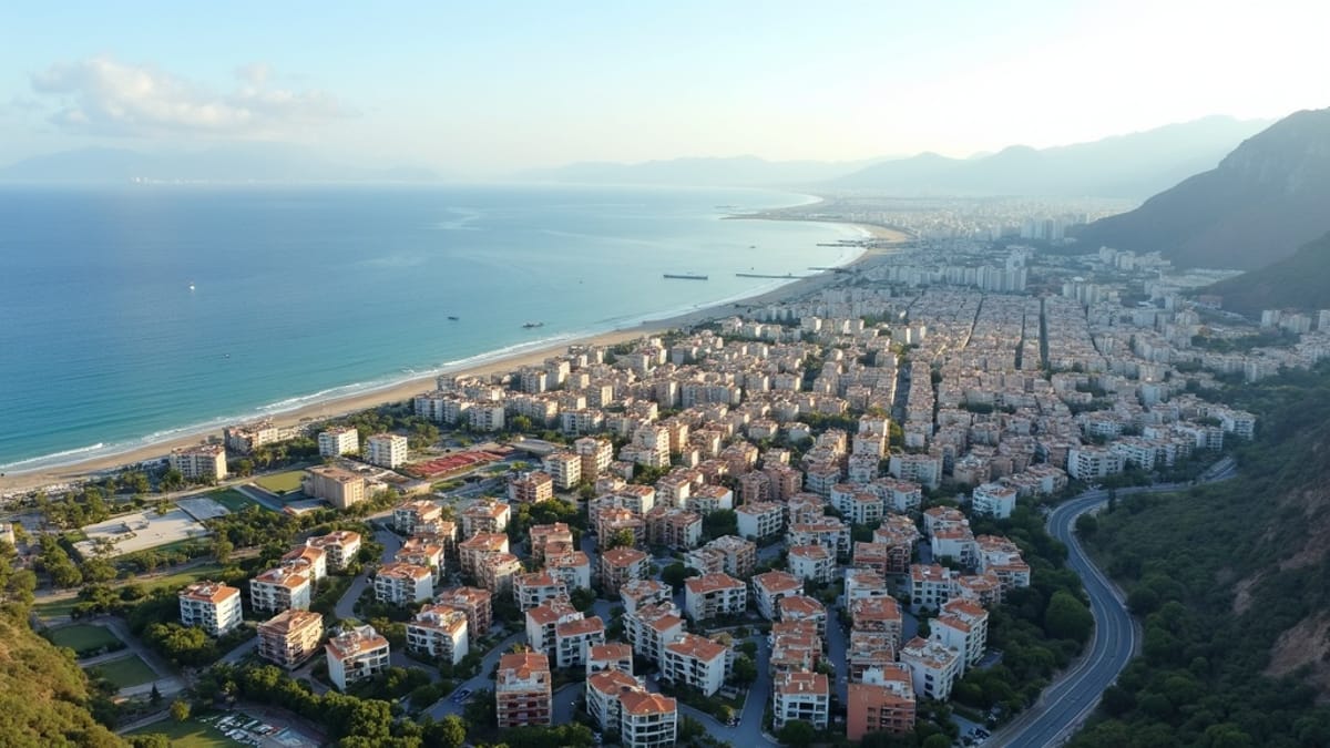 Luftfoto af Costa del Sol, der viser kystlinje, bjerge og byplan – en del af biodiversitet i Andalusien Costa del Sol.