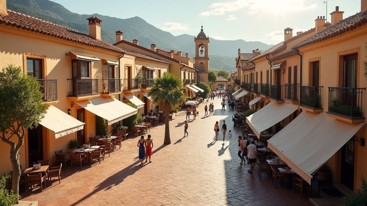 Varm tørr sommer Costa del Sol. Frisk sjøbris, behagelige kvelder i idyllisk spansk plaza.