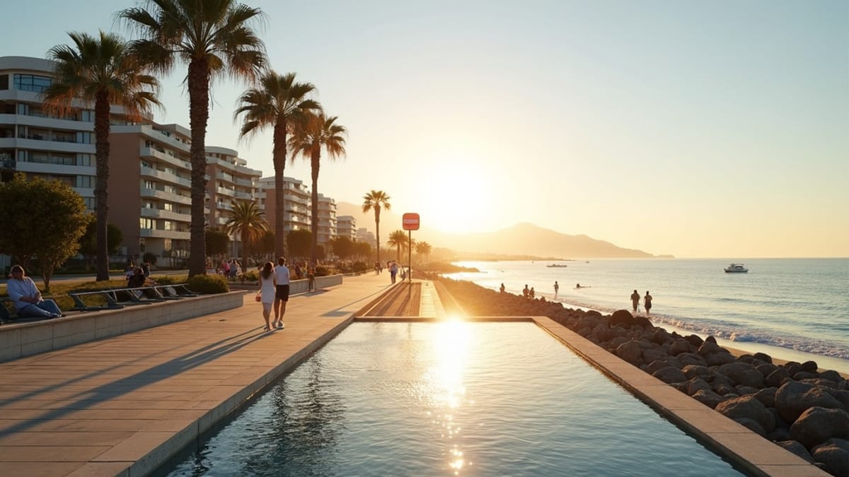 Klimaat Costa del Sol zomer winter: ochtendwandeling langs Mediterraanse kust met palmbomen en zon.