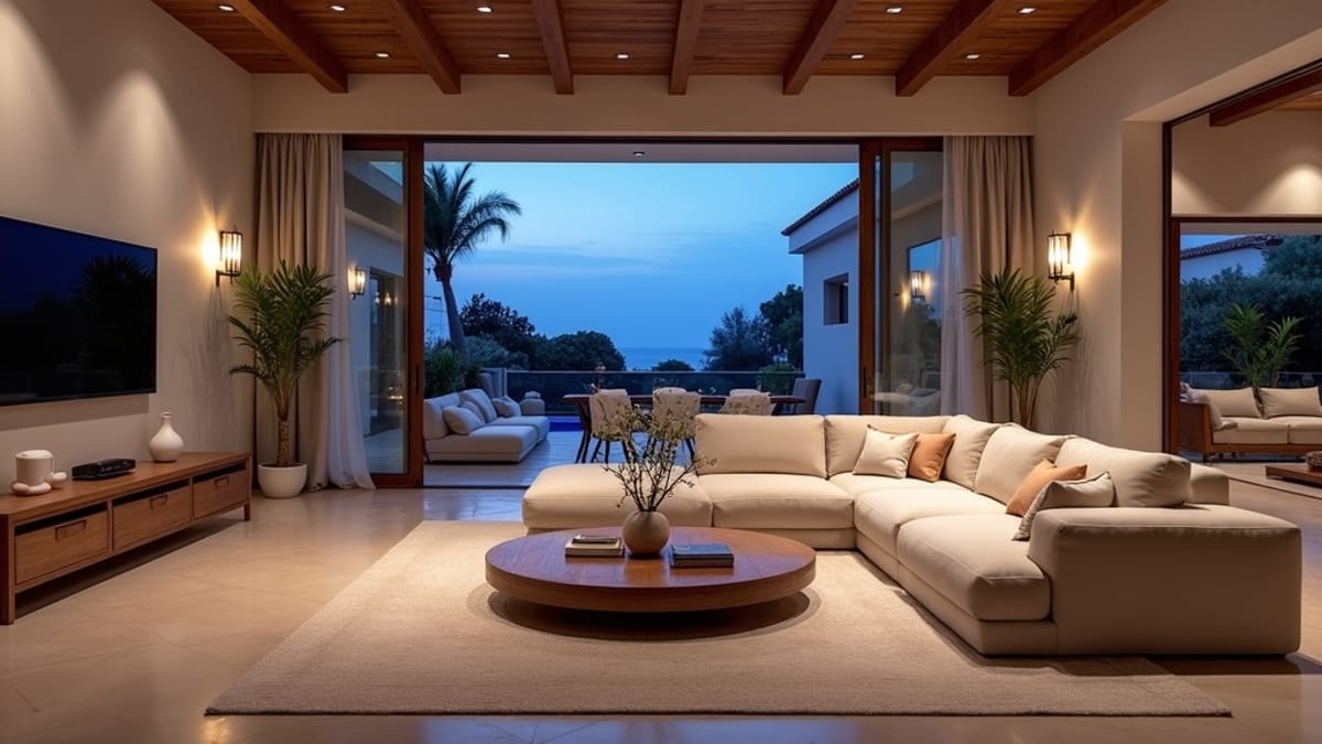 Meeresklima Costa del Sol, Stressabbau, Schlafqualität: Luxuriöses Wohnzimmer mit Abendlicht, spanischem Design & Terrasse.