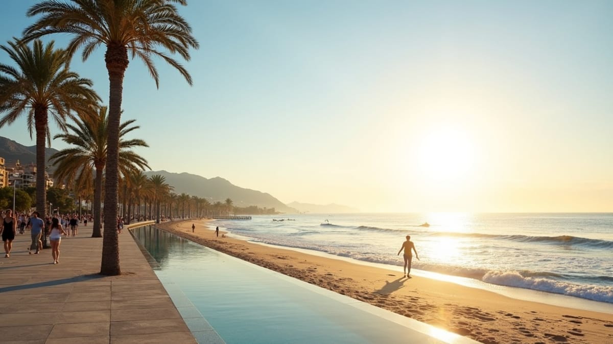 Idyllic Costa del Sol promenade at sunrise, palm trees and sea, inspiring access to nature and fjell Costa del Sol.