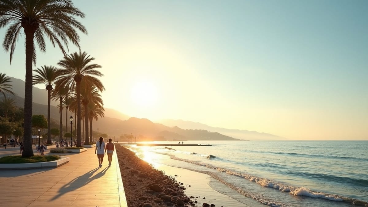 Új építésű ingatlanok Costa del Sol életminőség: Sétálók, pálmafák a tengerparti sétányon, ragyogó mediterrán reggel.