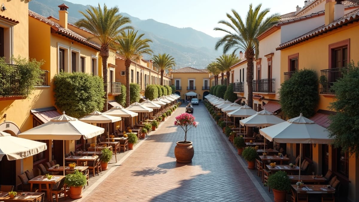 Charming Costa del Sol town plaza, traditional architecture. Experience the lifestyle & Biodiversité marine et terrestre Costa del Sol, Parc Naturel Sierra de las Nieves.