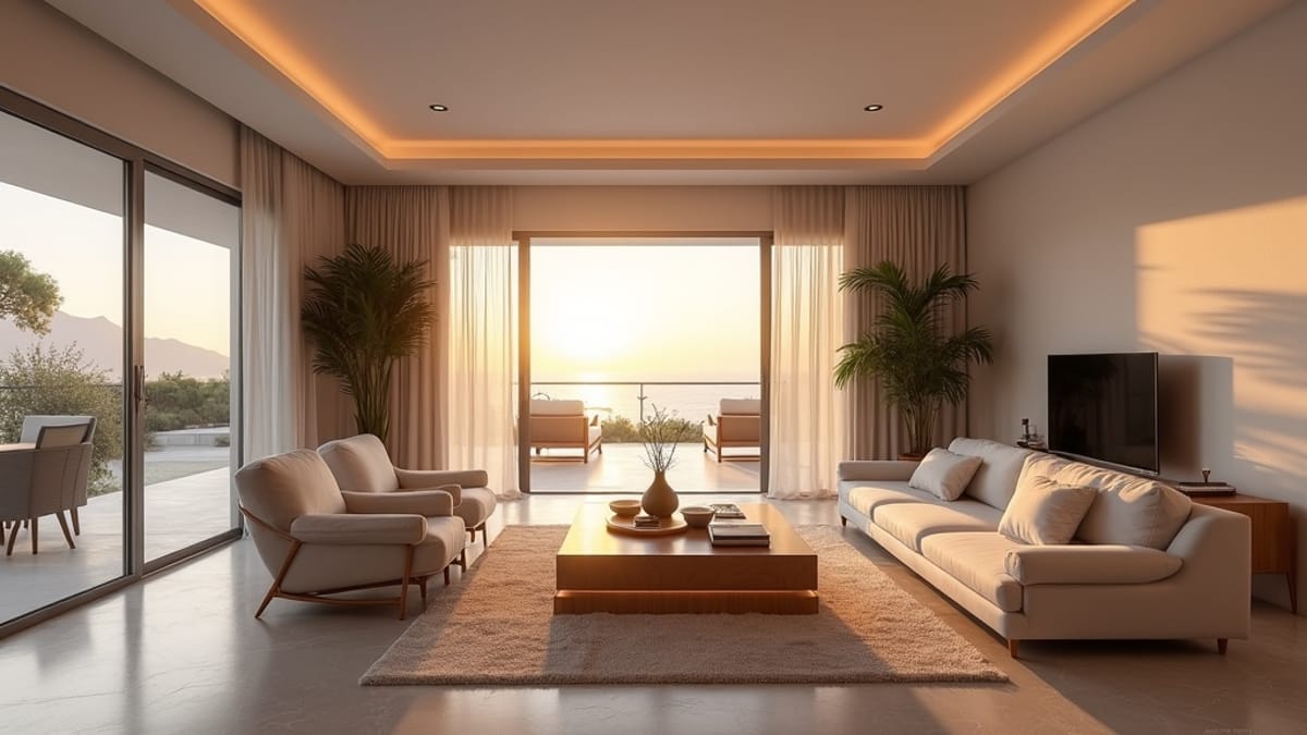 Estepona luxury living room, sunset glow, contemporary design. Discover Torremolinos, Benalmádena, Estepona on Costa del Sol.