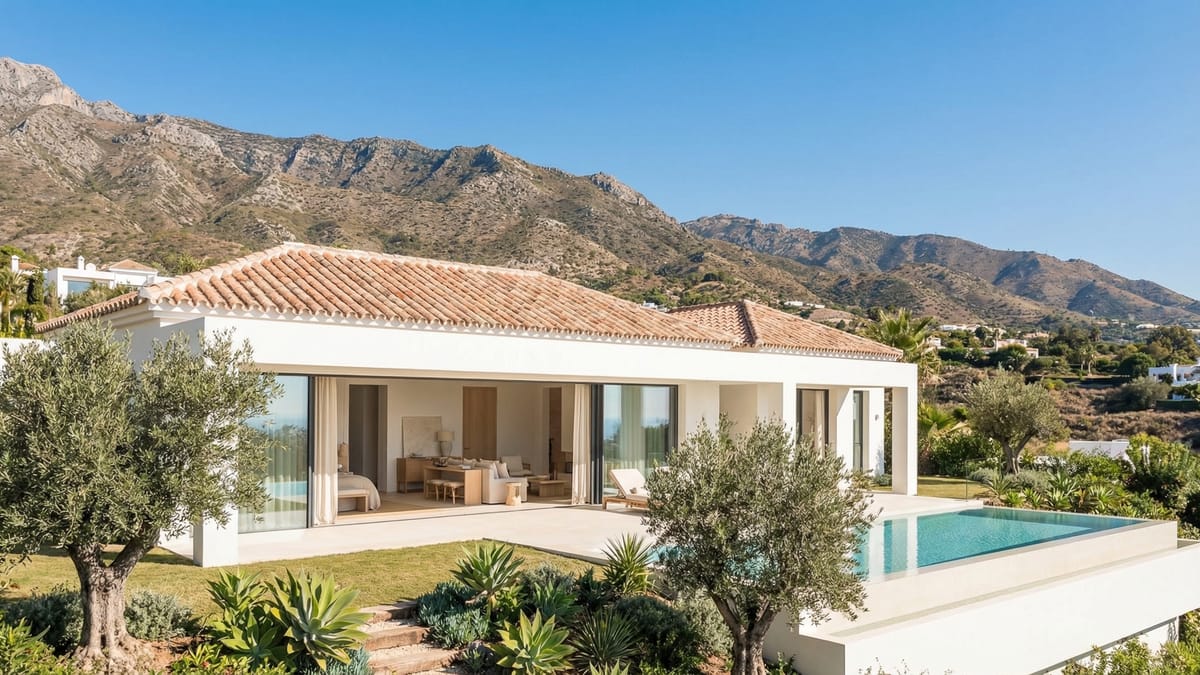 Moderni Välimeren huvila Costa del Solissa esittelemässä eleganttia arkkitehtuuria, vehreitä puutarhoja ja rauhallisen ulkoterassin eloisan sinisen taivaan alla.