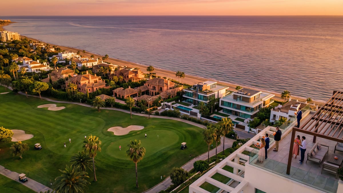 A Costa del Sol lenyűgöző tengerparti látképe naplementében, luxus villák és golfpályák láthatók a háttérben, mediterrán stílusban.