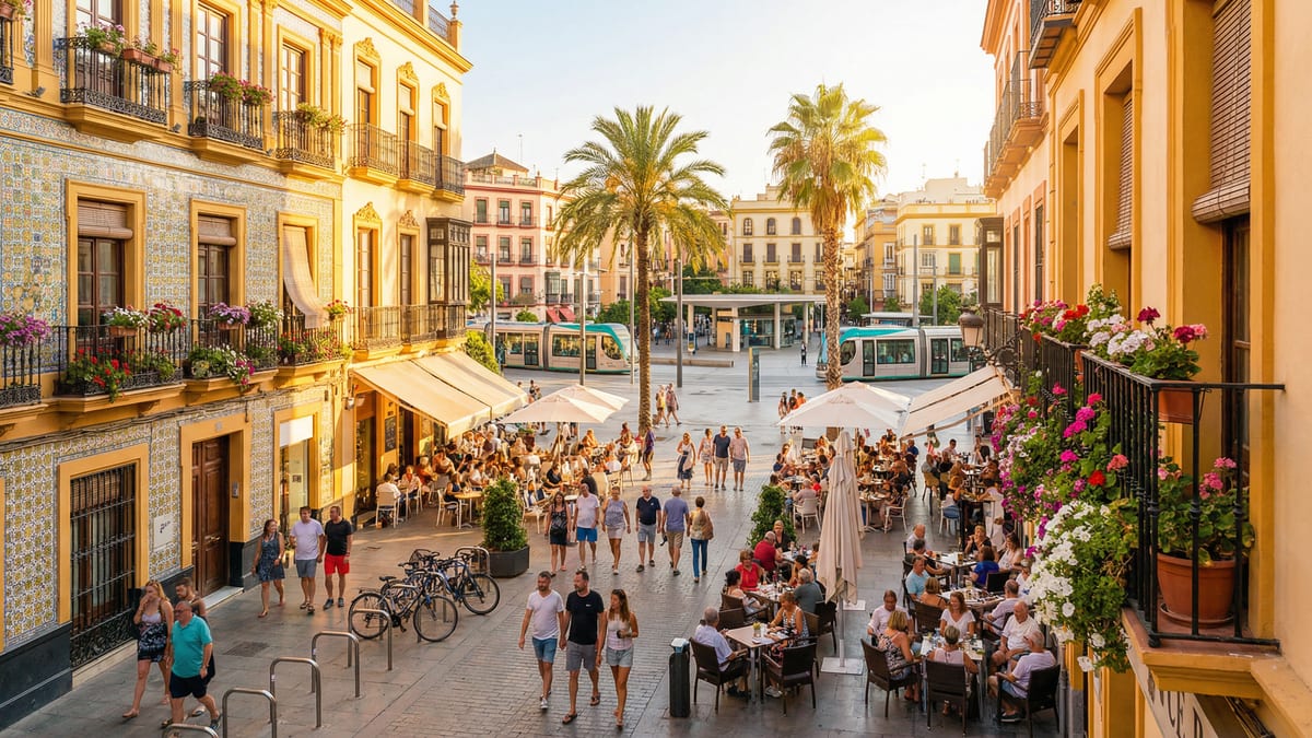 Vibrant gata i Costa del Sol med människor som njuter av caféer och butiker, omgiven av medelhavsinspirerad arkitektur och blommor.