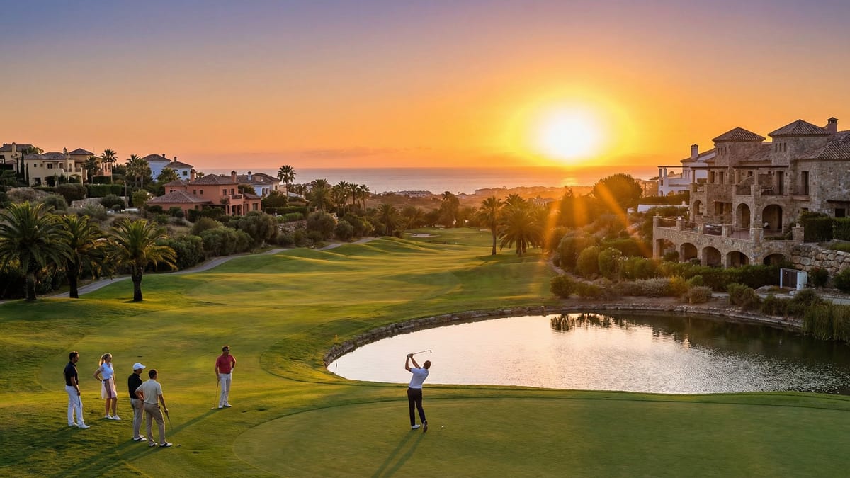 Upea auringonlasku Costa del Solin golfkentällä, jossa elegantit golfaajat nauttivat pelistä. Taustalla ylellisiä huviloita ja Välimeren arkkitehtuuria.