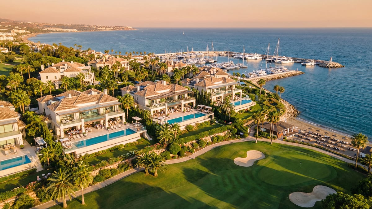 Luftfoto av en luksuriøs eiendom på Costa del Sol med moderne arkitektur, golfbane og marina i bakgrunnen, perfekt for en avslappende ferie.