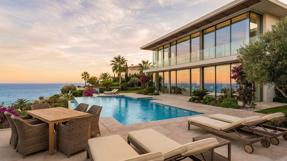 Luxuriøs villa i Costa del Sol med moderne arkitektur og store glassvinduer som reflekterer Middelhavets sollys. Utsikt over havet og frodige hager.