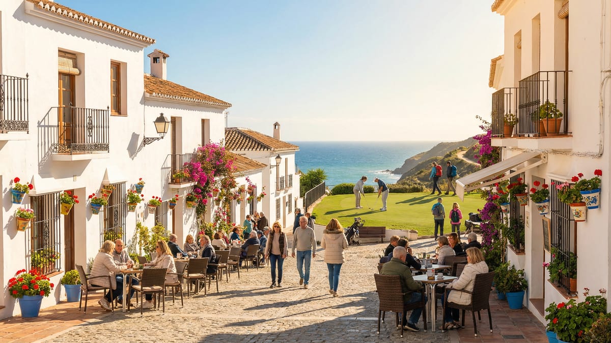 Kystutsikt over Costa del Sol om vinteren med livlig landsbyplass, middelhavsaritektur og folk som nyter utendørsaktiviteter.