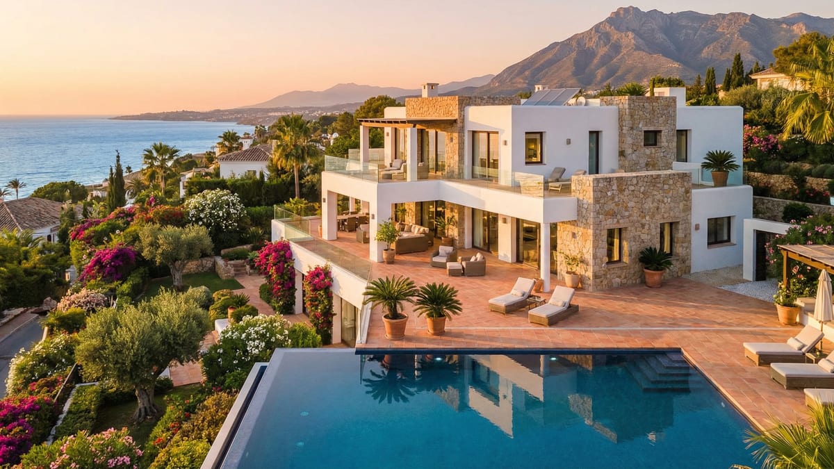 Luxus villa a Costa del Sol-on, mediterrán építészeti stílusban, tágas teraszokkal és végtelen medencével, csodás tengerre néző kilátással.