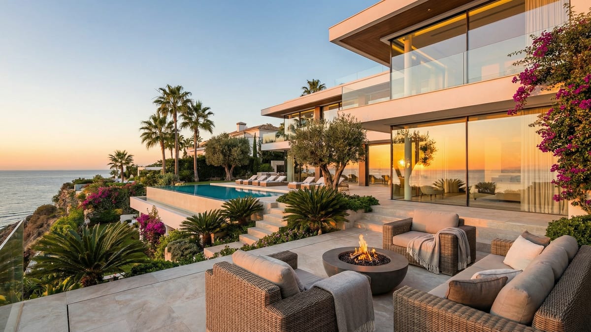 Luxueuze villa in Costa del Sol met moderne architectuur, grote ramen en serene tuinen tijdens het gouden uur, die de expat levensstijl toont.