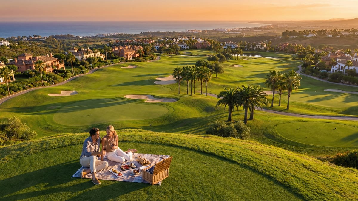 Luftbilde av en luksuriøs golfbane på Costa del Sol, med palmer og vakker middelhavsinspirert arkitektur, en solnedgang i bakgrunnen.