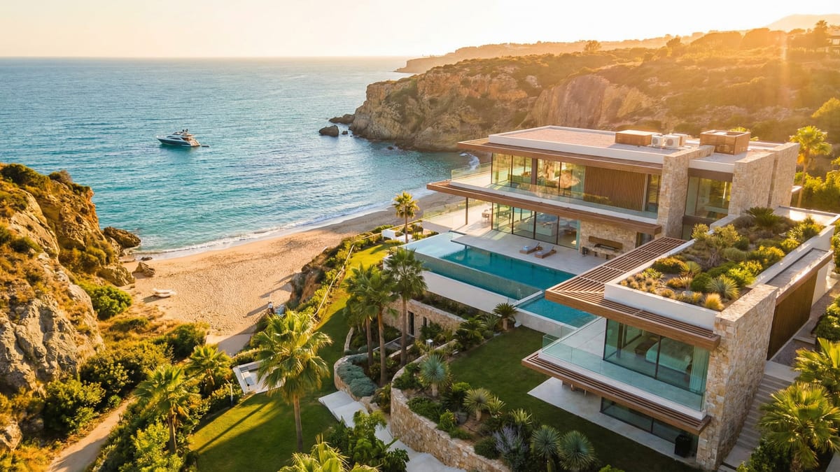 Luftbild av en lyxig kustfastighet i Costa del Sol med moderna glassfönster, grönska och sandstränder i bakgrunden.