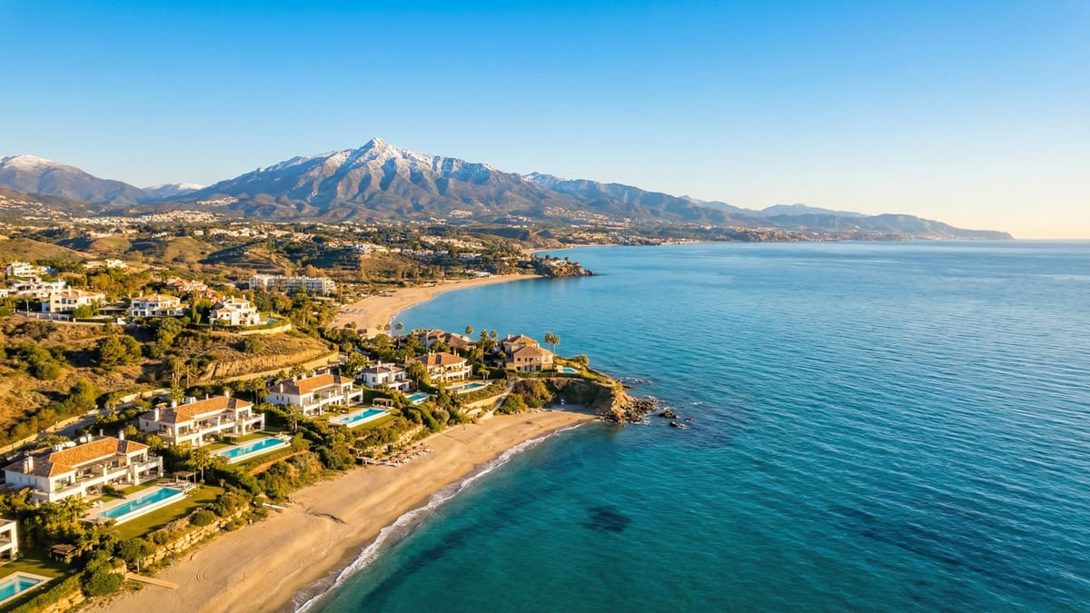Luchtfoto van de kustlijn van de Costa del Sol, met zandstranden, de Middellandse Zee, besneeuwde Sierra Nevada bergen en luxe villa's.