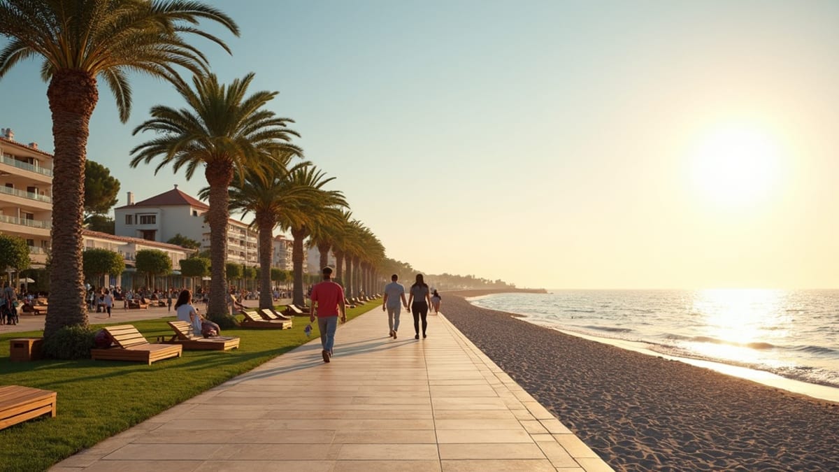 Golfspillere spiller på den frodige grønne Costa del Sol-bane med Middelhavet og bjergene i baggrunden i klart solskin