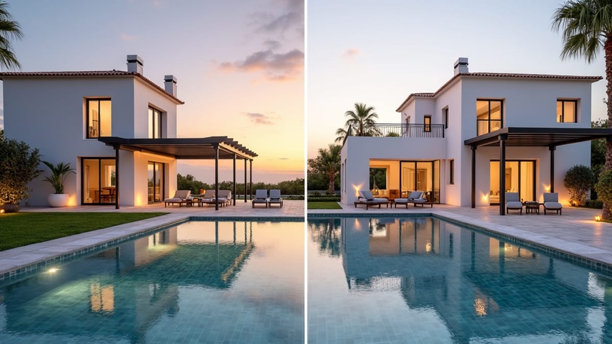 Villa moderne neuve avec piscine surplombant la mer Méditerranée sur la Costa del Sol comparée à une propriété espagnole traditionnelle de revente