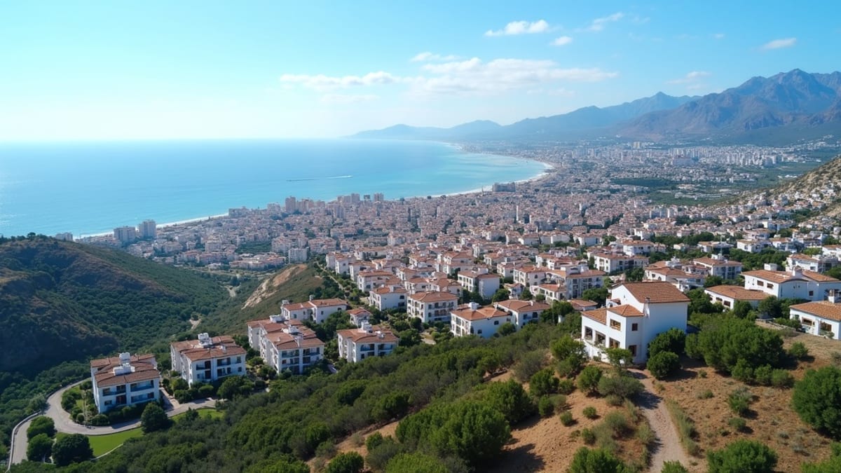 Panoramisk luftbilde av Costa del Sol: Strender, byer, fjell. Forestill deg ditt nye liv og unngå økonomiske overraskelser ved flytting til Costa del Sol.