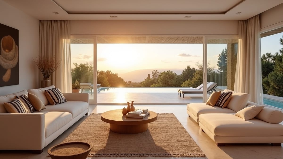 Słoneczny zimowy taras z widokiem na wybrzeże Costa del Sol z niebieskim Morzem Śródziemnym i tłem górskim