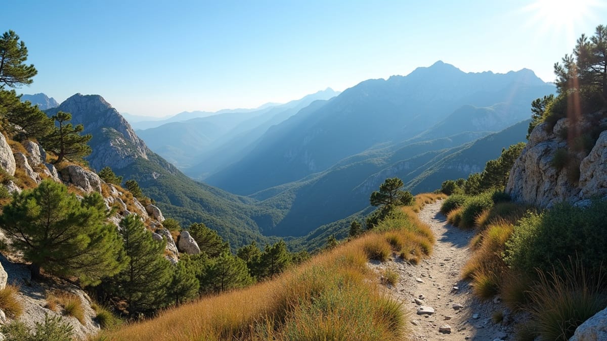 Turgåere på fjellsti med utsikt over Costa del Sol-kysten fra Sierra de las Nieves Nasjonalpark, Spania