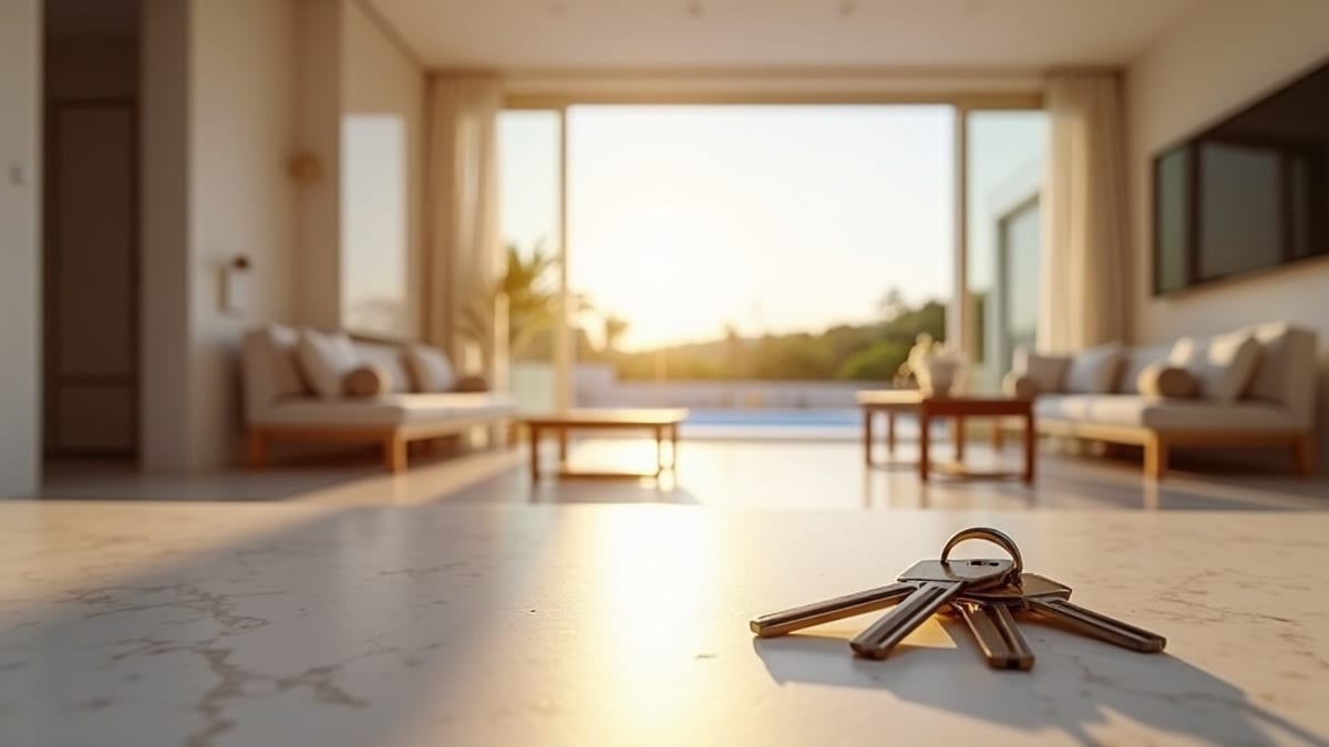 Panoramisk udsigt over Costa del Sols kystlinje med solrige strande, palmer og moderne hvide villaer under klare blå himmel