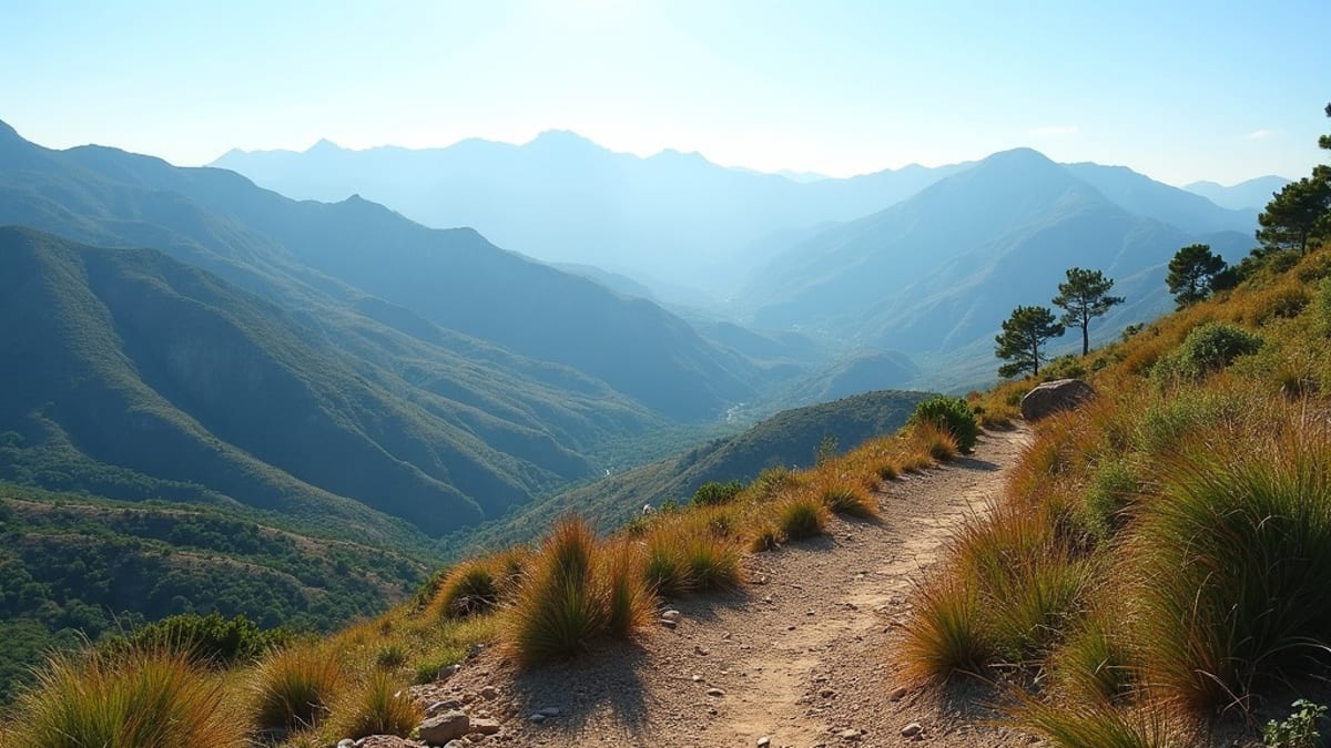 Middelhavslandskab med olivenlunde og kystbjerge under blå himmel, der repræsenterer Costa del Sols forskellige økosystemer