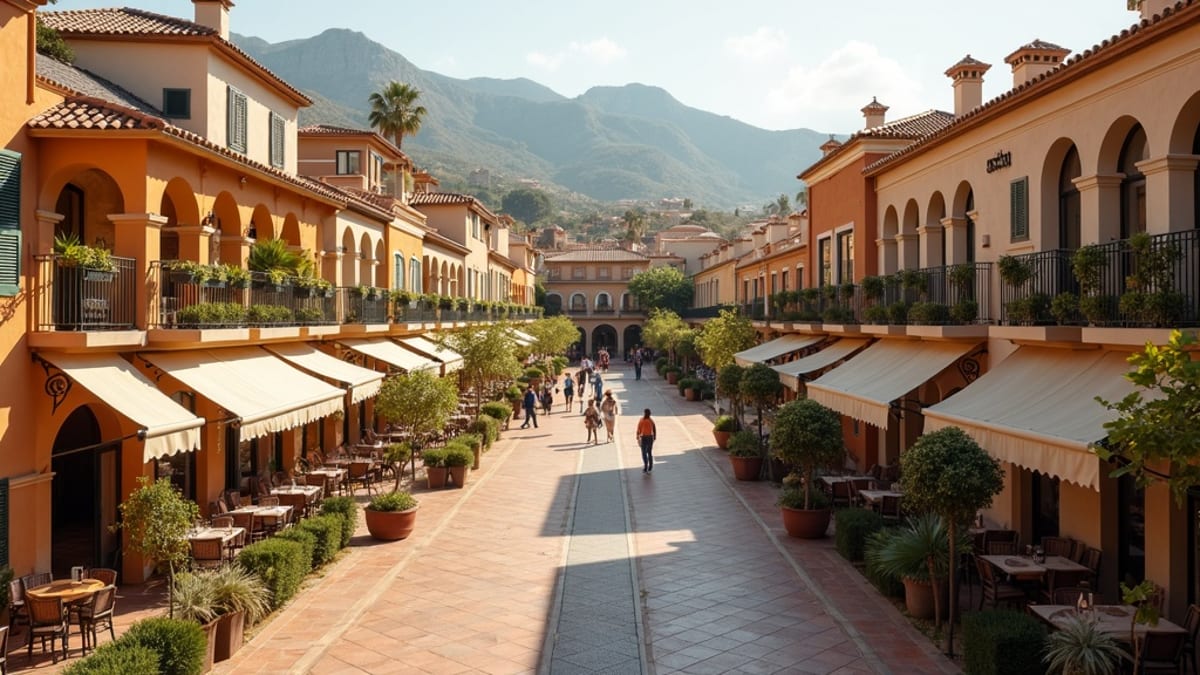 Spokojna śródziemnomorska scena nadmorska z palmami, błękitnym morzem i górami, reprezentująca bezstresowy styl życia na Costa del Sol