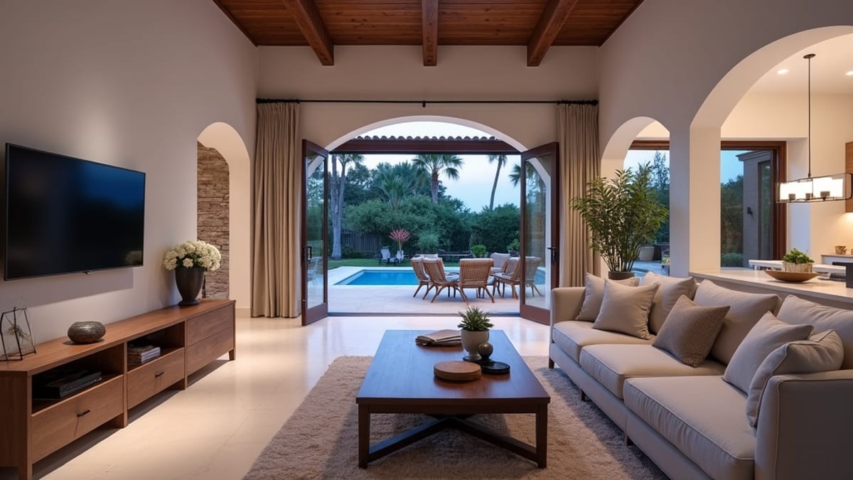 Luksusowy jacht żeglujący wzdłuż wybrzeża Costa del Sol z rowerzystami na promenadzie plażowej i górskim tłem