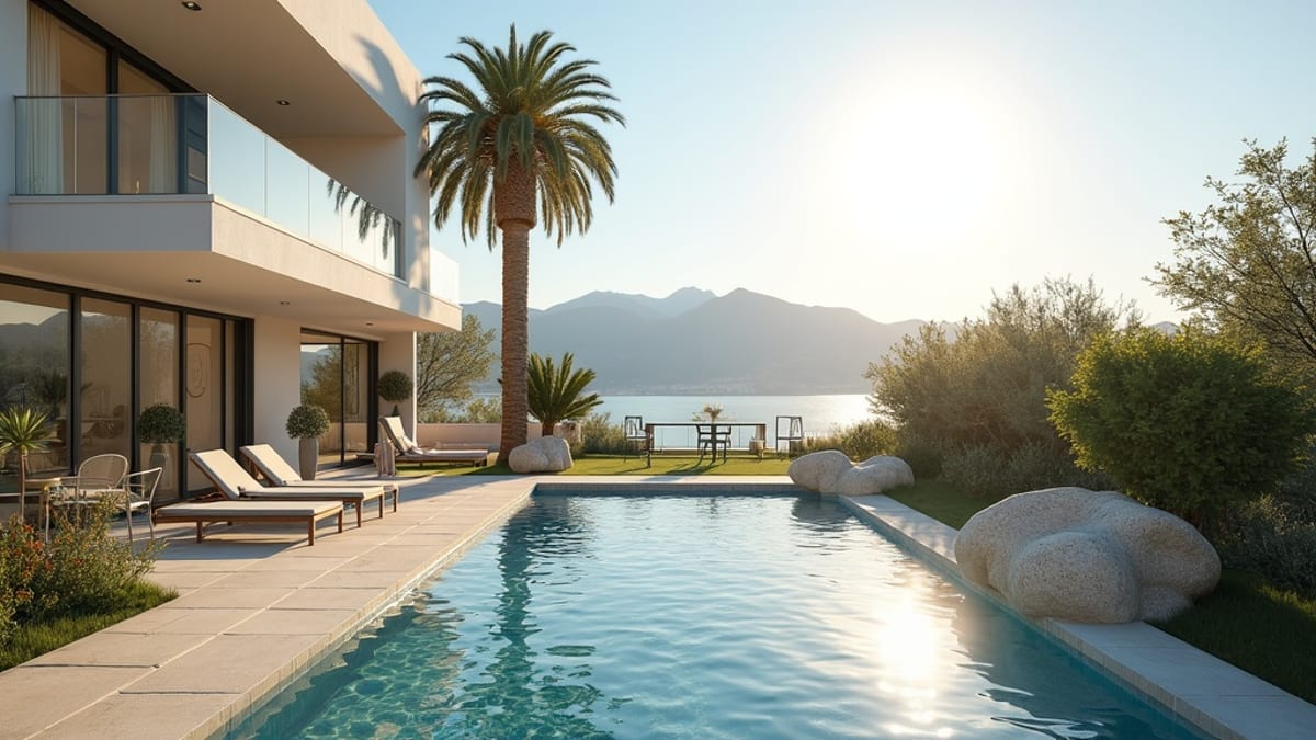 Paysage côtier de la Costa del Sol montrant la mer Méditerranée, les montagnes et un ciel bleu clair représentant un microclimat sain