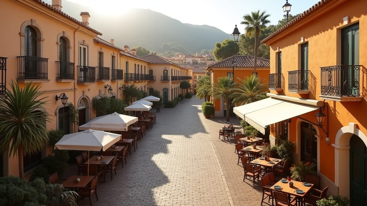 Panoramiczny widok na Morze Śródziemne z luksusowego tarasu Costa del Sol z górskim tłem o zachodzie słońca