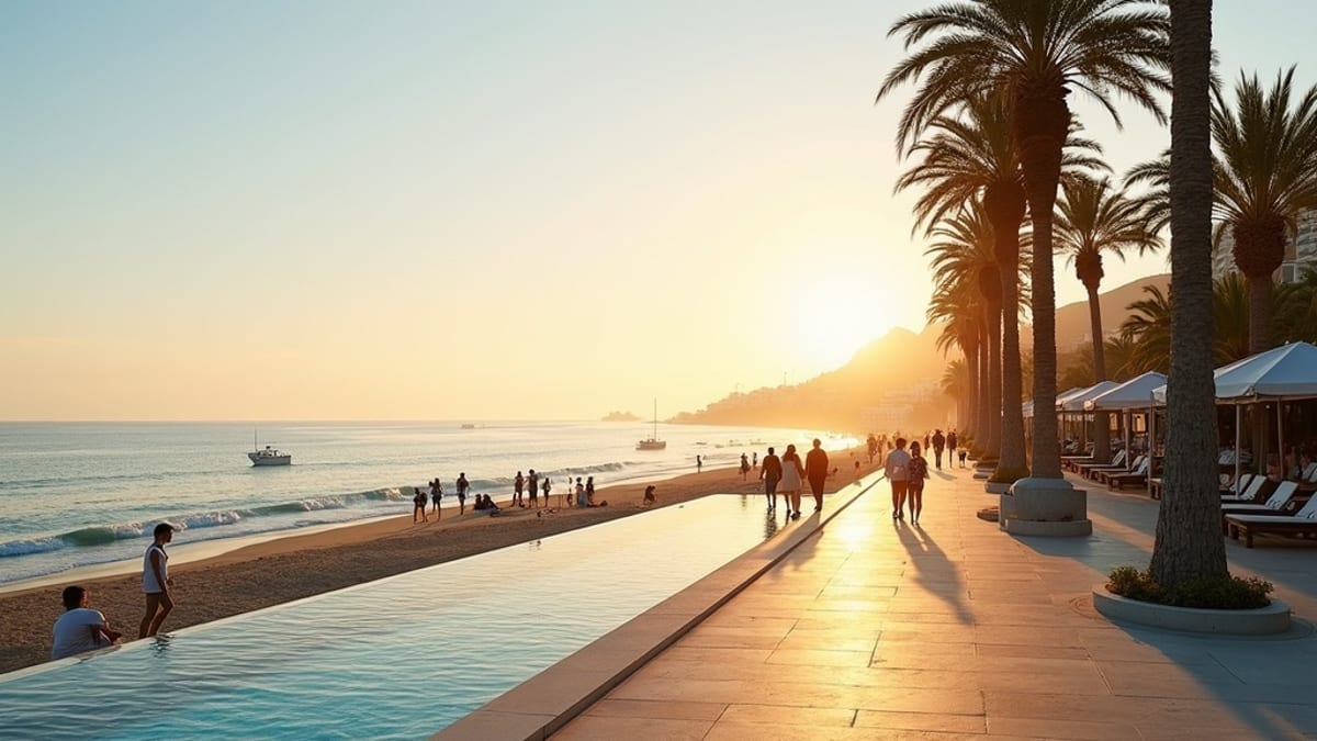 Spanska NIE-ansökningsdokument och formulär utlagda på skrivbord med broschyrer om fastigheter på Costa del Sol i bakgrunden
