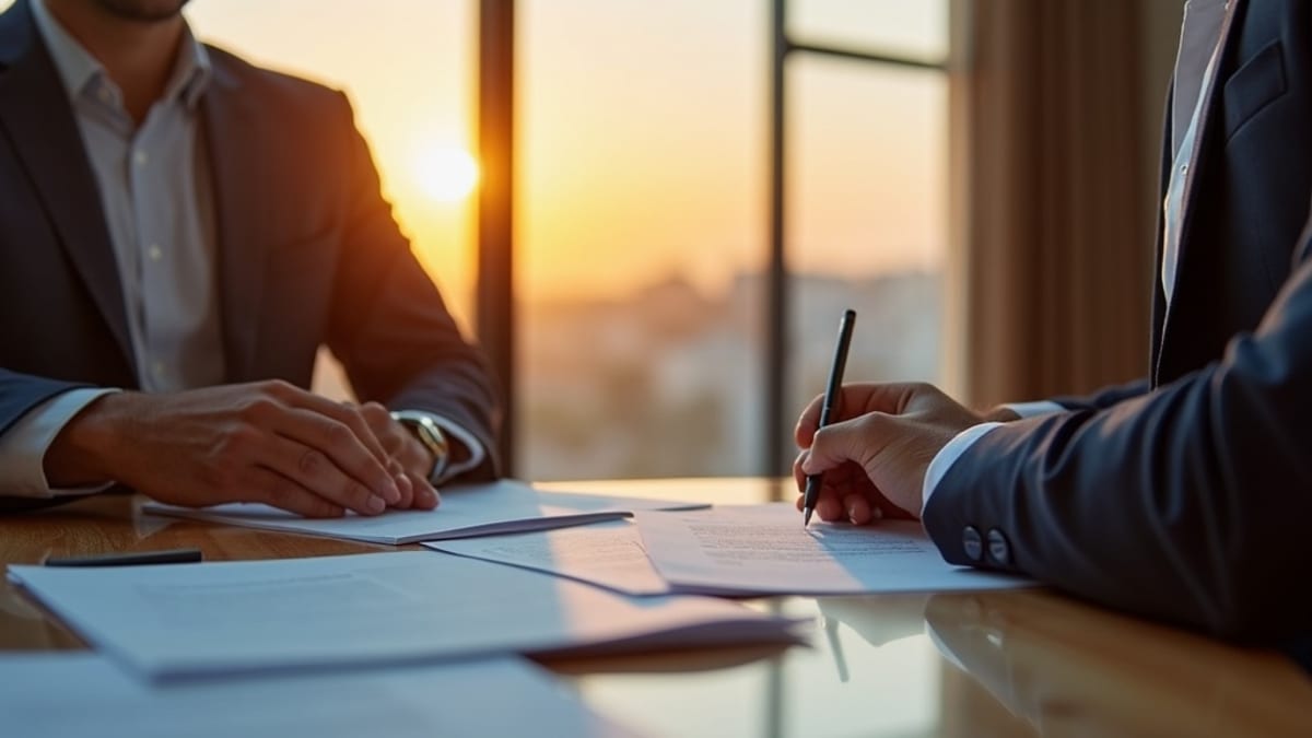 Luksus villa på Costa del Sols ydre med NIE-dokumentation og juridiske papirer på marmorbord