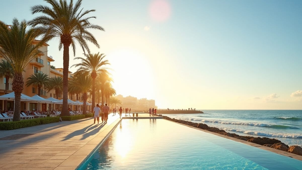 Panoramiczny widok z willi na wzgórzu Costa del Sol pokazujący Morze Śródziemne i pasma górskie z białymi wioskami