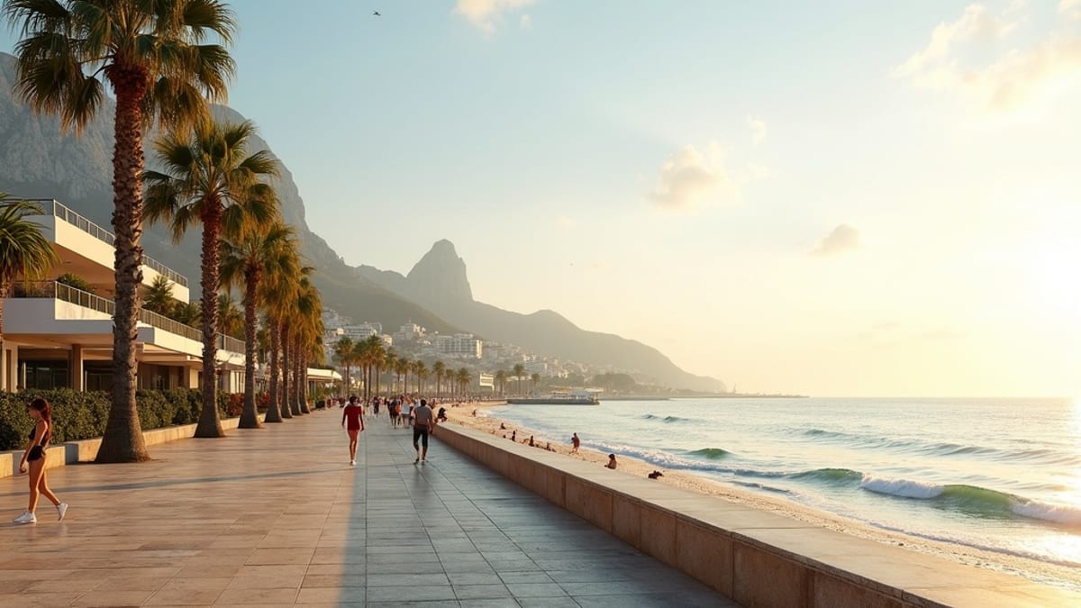 Kystlivsstil for Costa del Sol britiske pensionister: Strandpromenade, palmer og hav i gyldent lys.