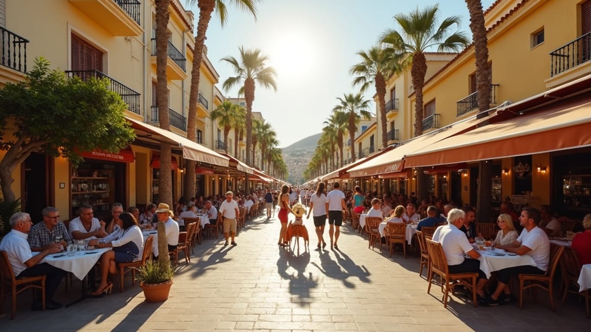 La vie de famille authentique sur la Costa del Sol : des expats profitent de la culture des cafés et de la communauté dans un marché espagnol ensoleillé.