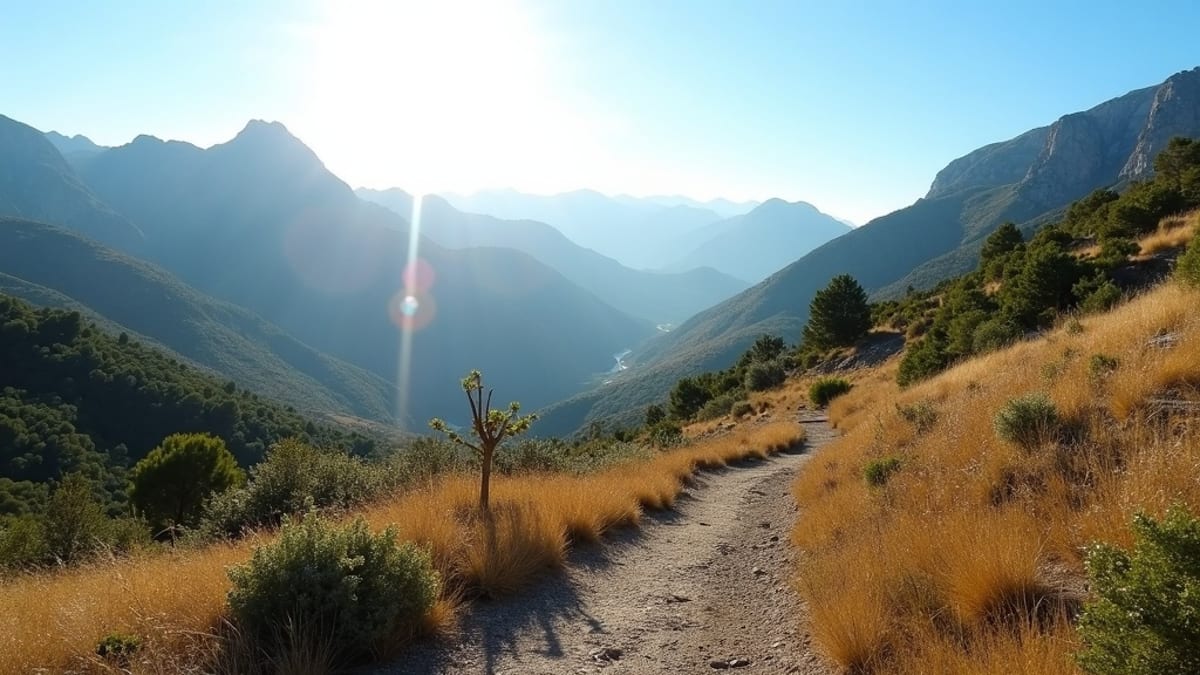 Słoneczna plaża Costa del Sol z palmami i górami, ukazująca 320 dni słońca rocznie w regionie