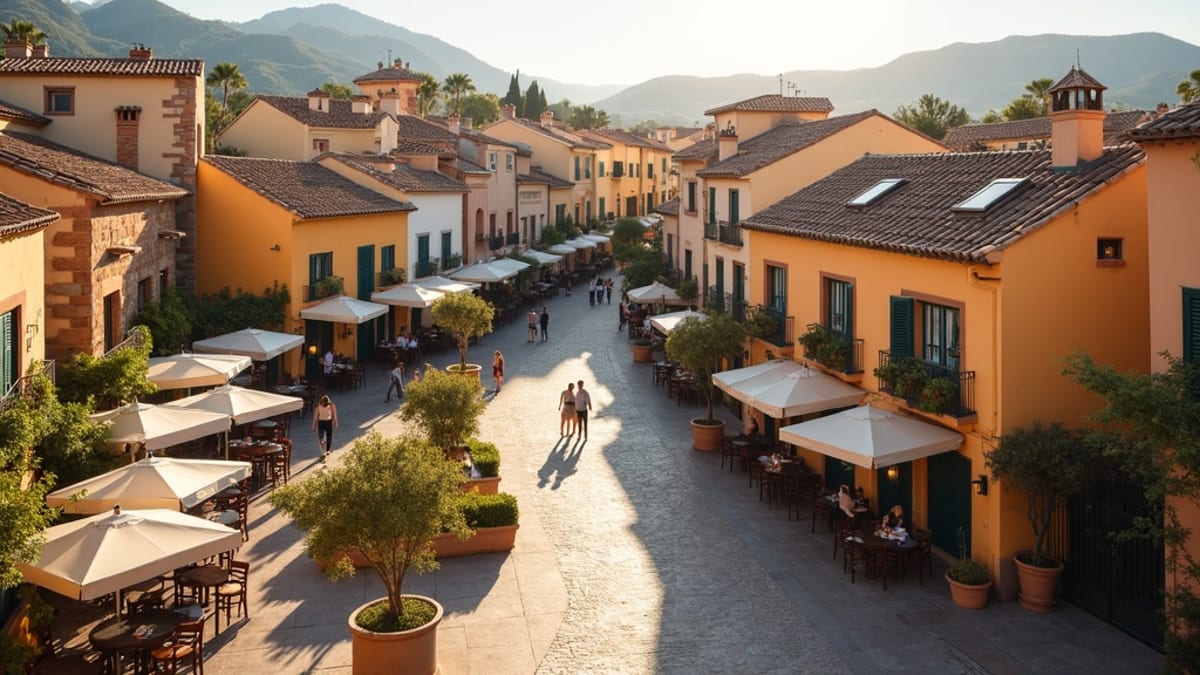 Sunny Mediterranean terrace overlooking Costa del Sol coastline during mild winter weather with people dining outdoors