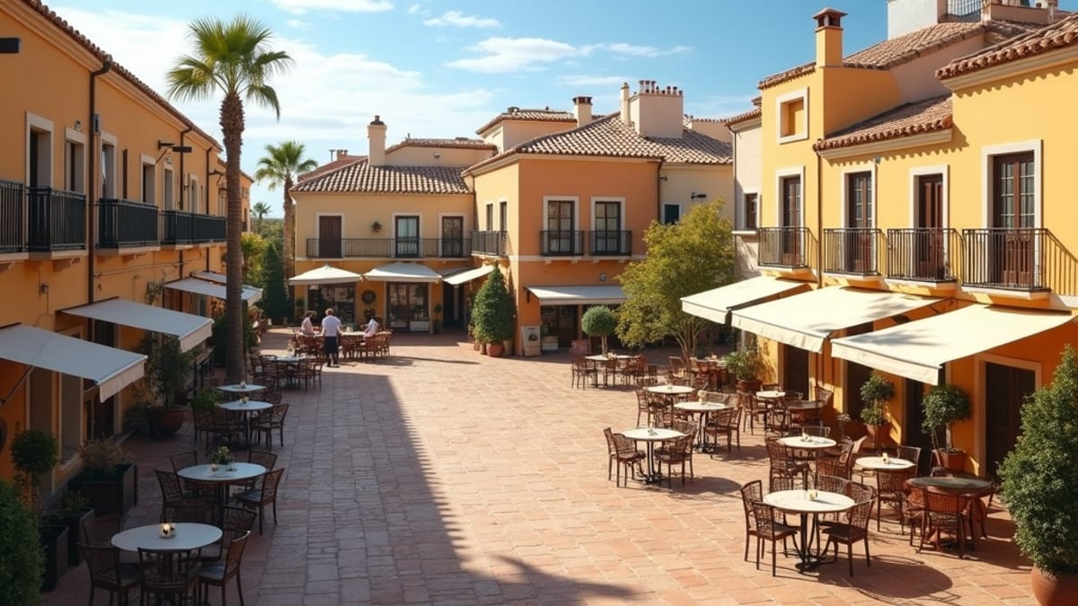 Solrig Costa del Sol kystlinje med palmer, der viser det milde middelhavsklima og bjergbaggrund