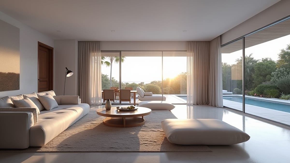 odefinierad lyxig vardagsrum i Costa del Sol: modern design, blått ljus, högkvalitativa ytor, terrassåtkomst.