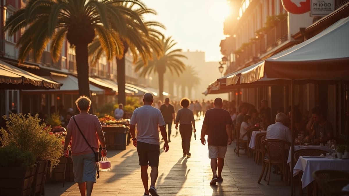 Külföldiek élvezik a vibráló Costa del Sol bon vivant életstílust egy napfényes szabadtéri piacon, ölelve a helyi kultúrát.