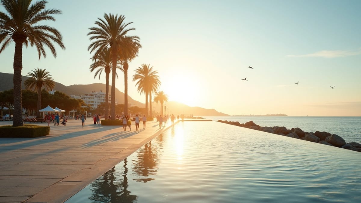 Panoramiczny widok wybrzeża Costa del Sol z złotymi plażami, niebieskimi wodami Morza Śródziemnego i czystym, słonecznym niebem