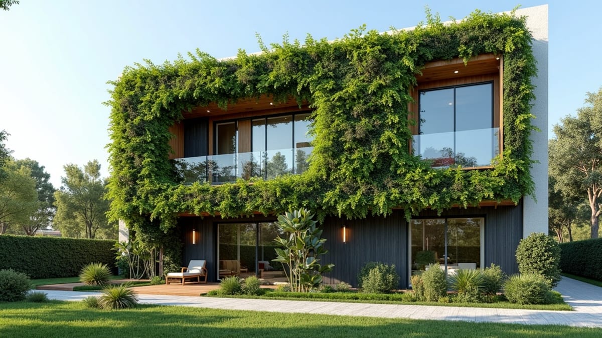 Vertikale grüne Wand an einem Gebäude an der Costa del Sol, die nachhaltige Immobilien und einen lebendigen, umweltbewussten mediterranen Lebensstil zeigt.