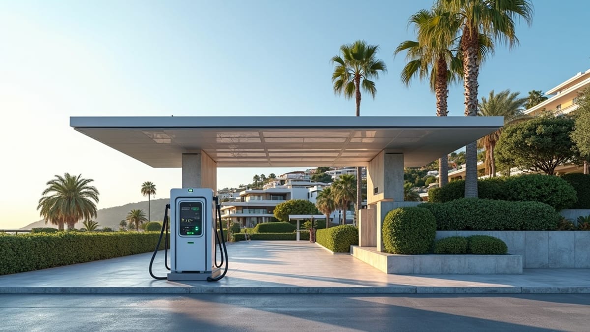 Stilig EV-lading med solenergi på en luksuriøs eiendom i Costa del Sol, som viser BREEAM sertifisering Spania LEED sertifisering Spania økologisk livsstil.