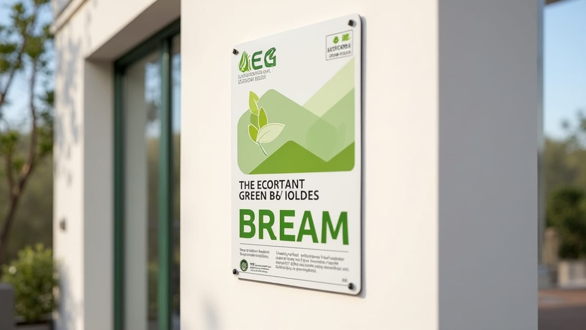Official BREEAM plaque on a modern building, showcasing verified sustainability of sustainable luxury homes Costa del Sol.